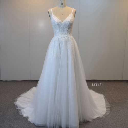 V Neckline Wedding Gown Shining A Line Bridal Gown Wholesale Dresses