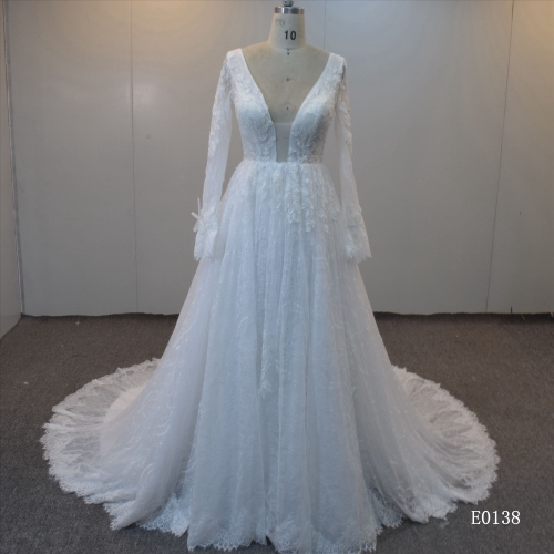 A Line Bridal Dress With Deep V Neckline GuangZhou Factory Made Bridal Gown