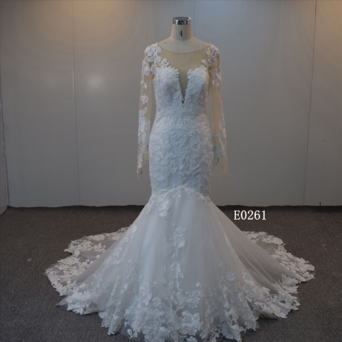 2021 Custom Mermaid With Long Sleeves Tulle Bridal Dress For Women