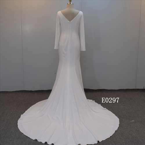 Fishtail Skirt Wedding Dress Soft Satin with Long Sleeves Bridal Gown