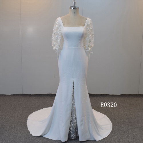 Square Collar Wedding Gown With Two Thrids Sleeves Bridal Dress