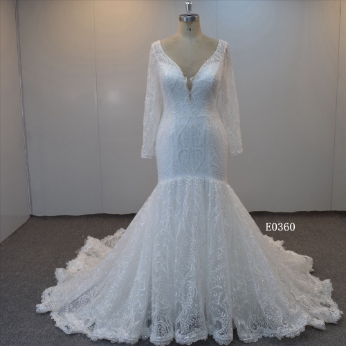 Long Sleeves Delicate Flower Lace Mermaid Dress Wedding Dress