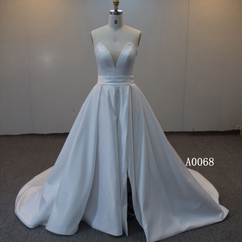 2022 Hot Selling Satin Split Wedding Gown With Lace Up Back Bridal Gown