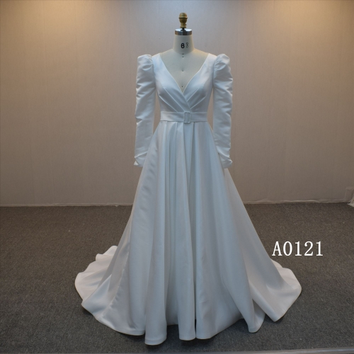 Satin A Line Bridal Dress With Long Sleeveless Simple Wedding Dress