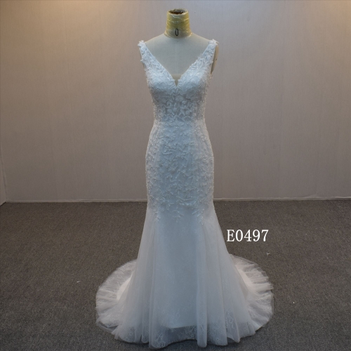 V neckline bridal dress with over skirt wedding dress for women