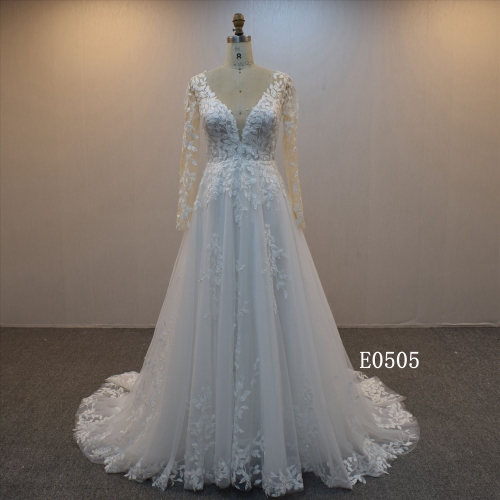 A Line Deep V  Bridal Dress With Sleeves Wedding Dress For Women Wedding