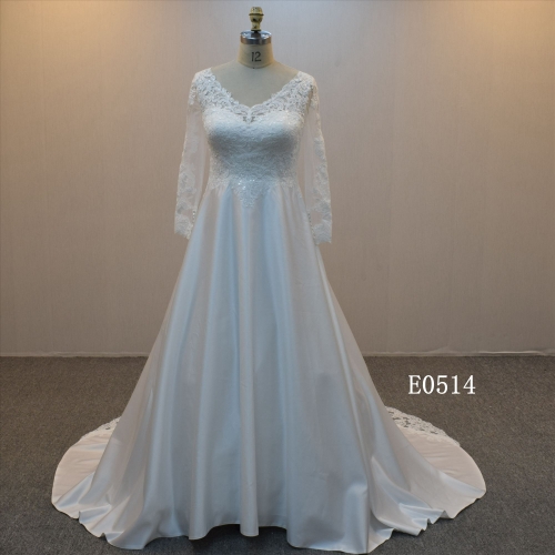 Long Sleeves A Line Satin Bridal Dress With Lace train For Women Wedding