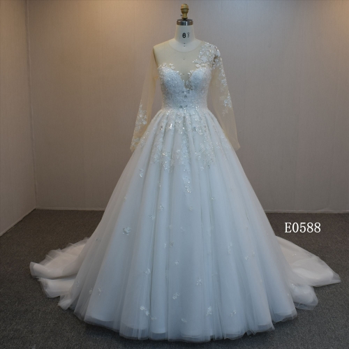 Sexy Illusion Back Ball Gown A line wedding dress With Long Sleeves