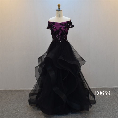 A Line Black Evening Dress Ruffles Train Wedding Gown Off Shoulder Wedding Dress