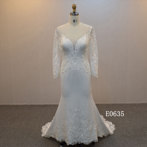 2022 Elegant Crepe Long Sleeves Mermaid Dress  Wedding Dress For Women