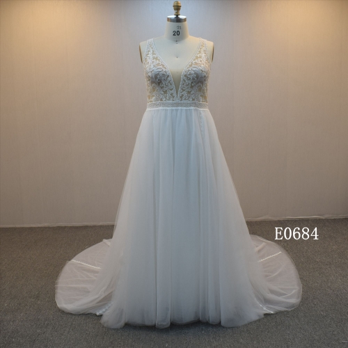 Customized Plus Size Wedding Dresses  A line wedding dress with beaded  spaghetti straps