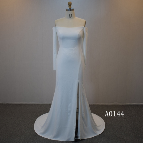 2022  Off Shoulder Long Sleeves Slit Wedding Dress Crepe Mermaid Bridal  Dress For Women