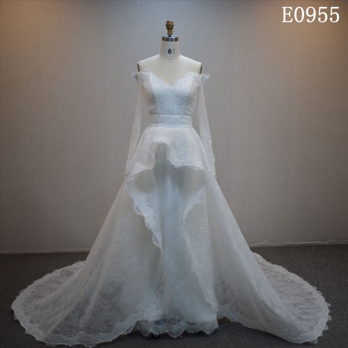 Lastest design  A-line bridal dress guangzhou factory made Lace sequins bridal dress
