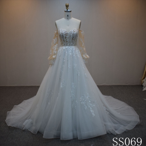 Lastest design A-line bridal dress guangzhou factory made Lace  bridal dress