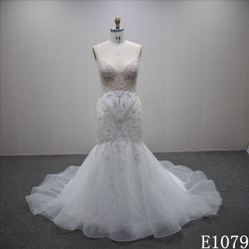 Sparkly Mermaid bridal dress plunging-v neck Vintage wedding dress