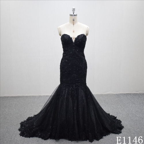 Romantic Trumpet sweetheart neck bridal dress  high quality sparkle black wedding dress