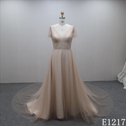 2023  Factory Outlet   Gentle A-line V-neck skin color short sleeve wedding dress