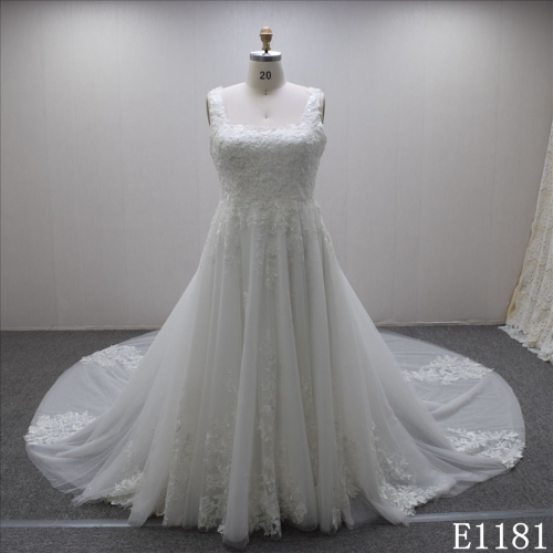Fairy sparkle  A-line square neck lace appliqued hand-made  bridal dress