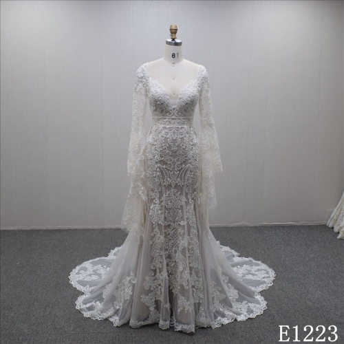 Hot seller BohemianTrumpet Ruffle sleeve V-neck appliques beading wedding dress