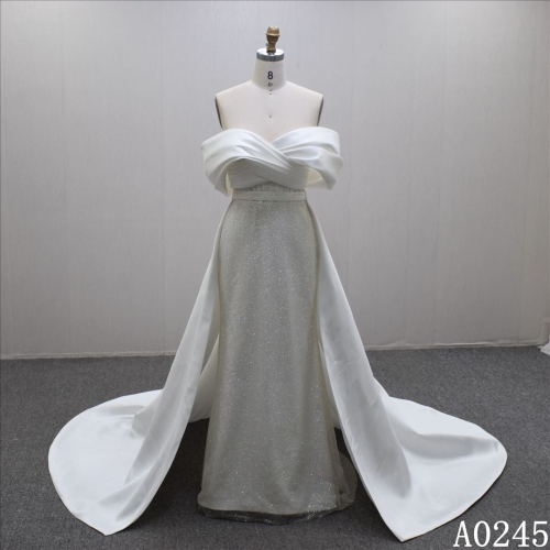 Hot sell  Glamorous  Trumpet off shoulder Satin detachable train  wedding dress