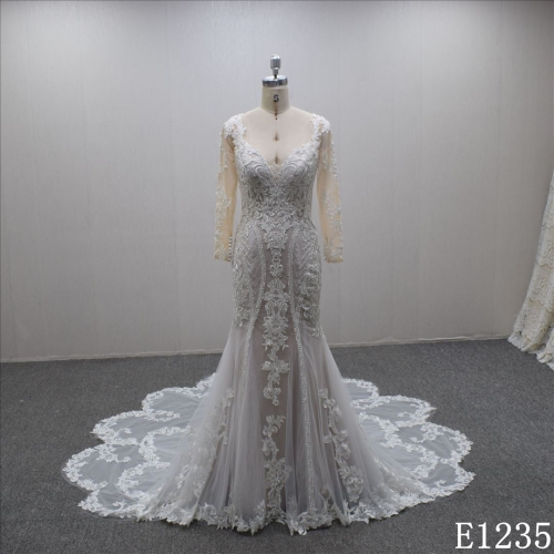 Bohemian Glamorous  Mermaid V-neck long sleeve floral train  wedding dress