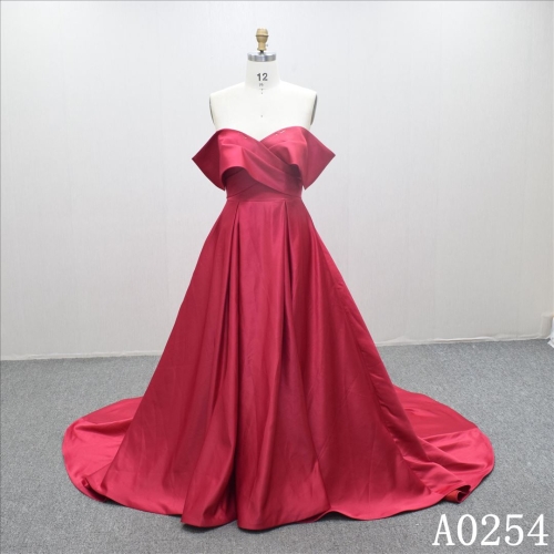 Simple Satin Red bridal gown off shoulder V neckline wedding dress