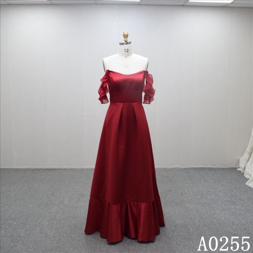 Red simple satin bridal dress boat neckline off shoulder foor length wedding dress