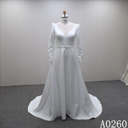 Simple Satin Bridal Dress Long Sleeves V Neckline Bridal Gown