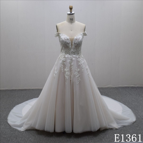 High Quality Princess Off Shoulder  Lace Flower Tulle Wedding Dress