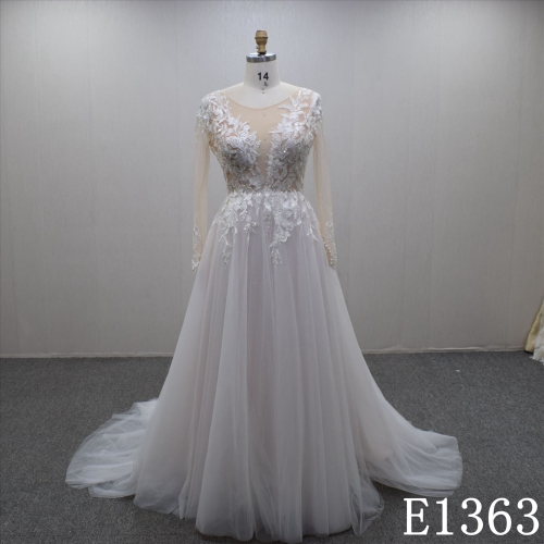 Elegance Long Sleeves Illusion Lace Flower Tulle Hand Made  Bridal Dress