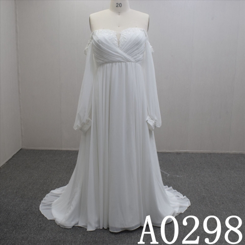 High Quality Simple Off shoulder Chiffon With Lace Flower  Hand Made  Bridal Dress