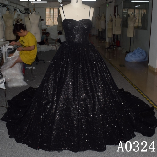 Black Sparkly Spaghetti straps Tulle Ball Gown Hand Made  Bridal Dress