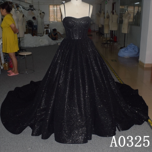 Black Spaghetti straps Tulle Ball Gown Hand Made  Bridal Dress