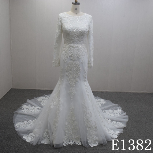 Simple Round Neck Mermaid Lace Flower Hand Made  Bridal Dress For Women