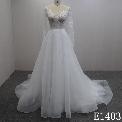 Autumn Graceful Long Sleeves Illusion Lace Flower Hand Made  Bridal Dress