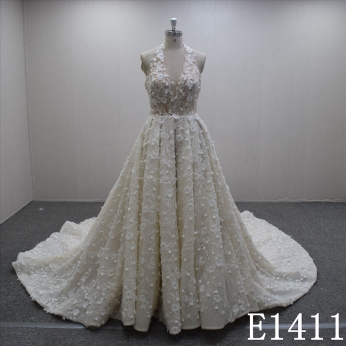 Summer Romantic Halter Strap A-line Lace Flower Hand Made  Bridal Dress