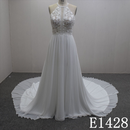 Summer Exquisite Halter Strap With Lace Flower Chiffon Hand Made Bridal Dress