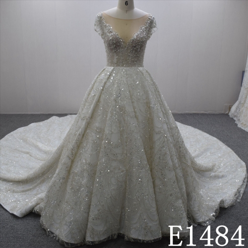 Gorgeous Illusion Short Sleeves Ball Gown Lace Hand Made Bridal Dress