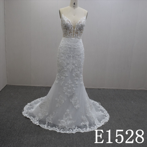 Graceful Spaghetti Straps Lace Flower Mermaid Hand Made Bridal Dress