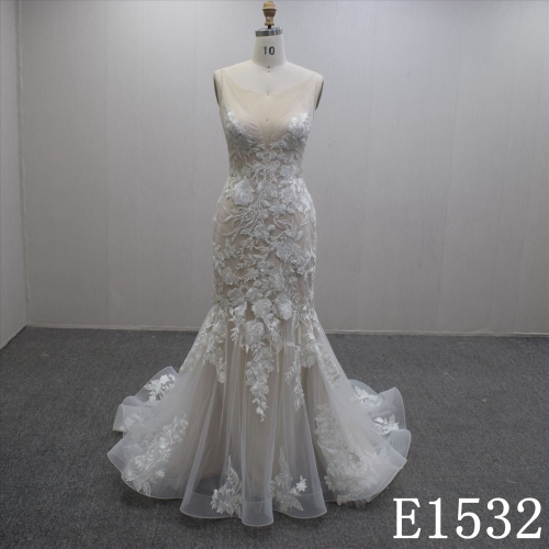 Sexy Backless Illusion Mermaid Lace Flower Tulle Hand Made Bridal Dress
