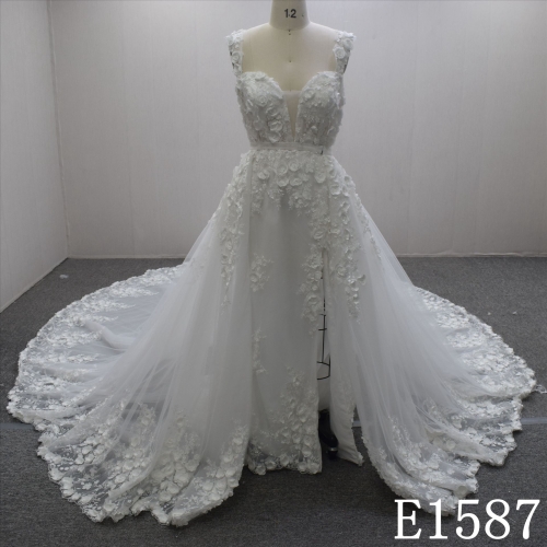 Summer Romantic 3D Flower Sheath Lace Flower Tulle Hand Made Bridal Dress