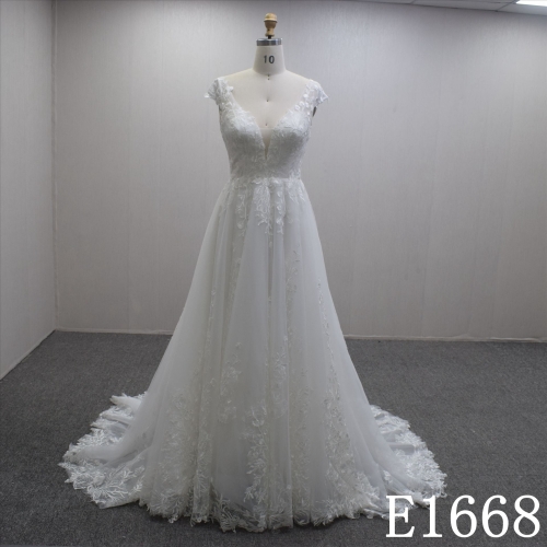 Simple A-line Cape Sleeves V-Neck Lace Flower Backless Hand Made Bridal Dress
