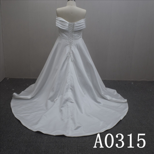 Simple A-line Off-shoulder Boat Neck Satin Hand Made Bridal Dress