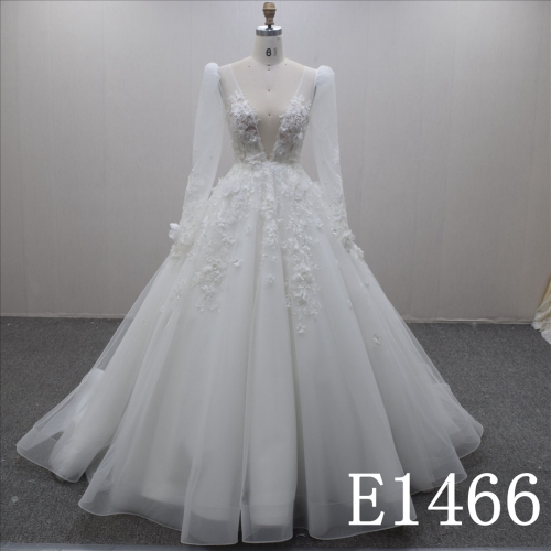 Sexy Deep V-Neck Lace Flower Ball Gown Tulle Hand Made Bridal Dress