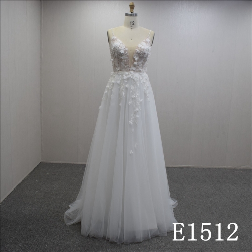 Hot Sell Spaghetti Strap Backless A-line  Lace Flower Hand Made Bridal Dress