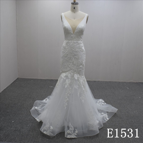 V-neck with Front Chest Insert backless mermaid Hand Made Bridal Dress