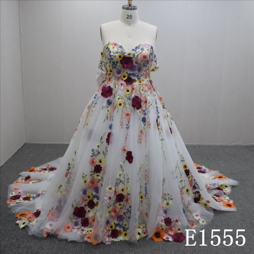 Bohemian Custom Lace Flower Off Shoulder A-line Hand Made Bridal Dress