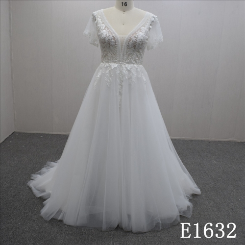 Custom Ivory Lace Flower V Neck Short Sleeves Hand Made Bridal Dress