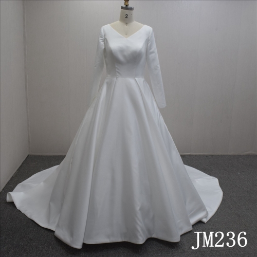 Custom Simple A-line Long Sleeves Satin Hand Made Bridal Dress