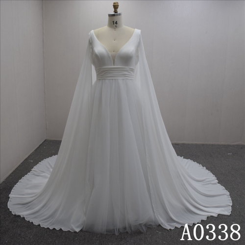 A-line sleeveless V Neck Tulle Hand Made Bridal Dress